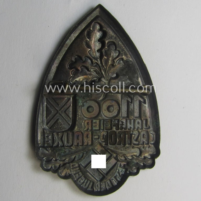 Commemorative, tin-based and silver-toned: N.S.D.A.P.- (ie. 'Jugend-) related 'tinnie' showing a branch of oakleaves, a provincal-shield and swastika-device coupled with the text: '1100 Jahrfeier Castrop-Rauxel - Fest der Jugend'