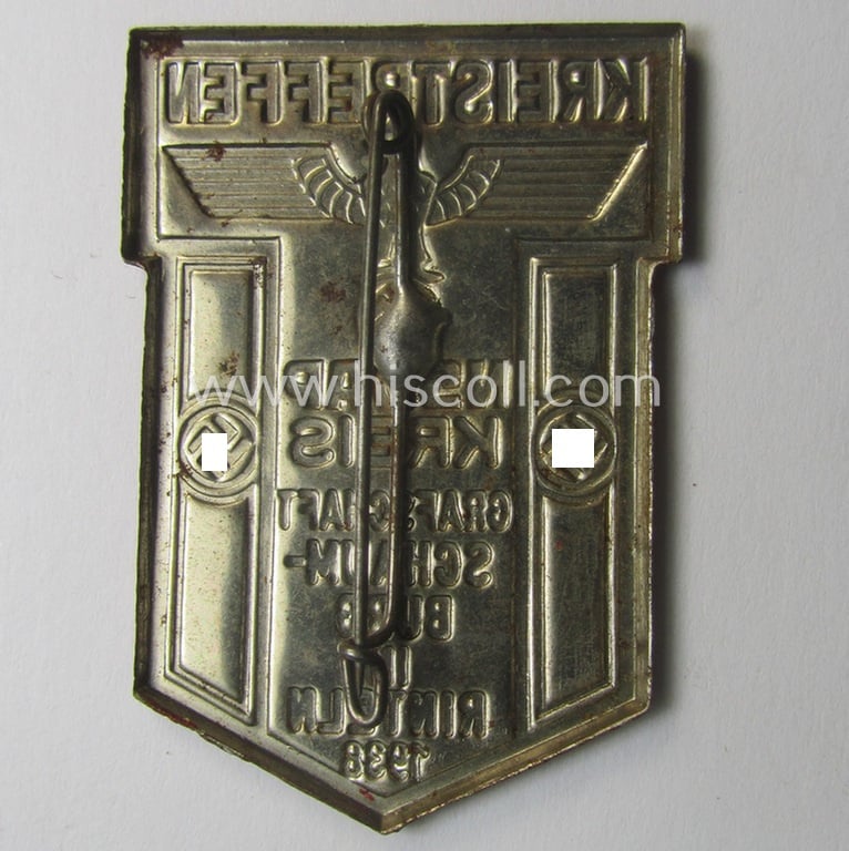 Silverish-toned - and partly bright-red-coloured! - N.S.D.A.P.-related day-badge (ie. 'tinnie') being a non-maker-marked example entitled: 'Kreistreffen NSDAP-Kreis - Grafschaft Schaumburg in Rinteln - 1938'