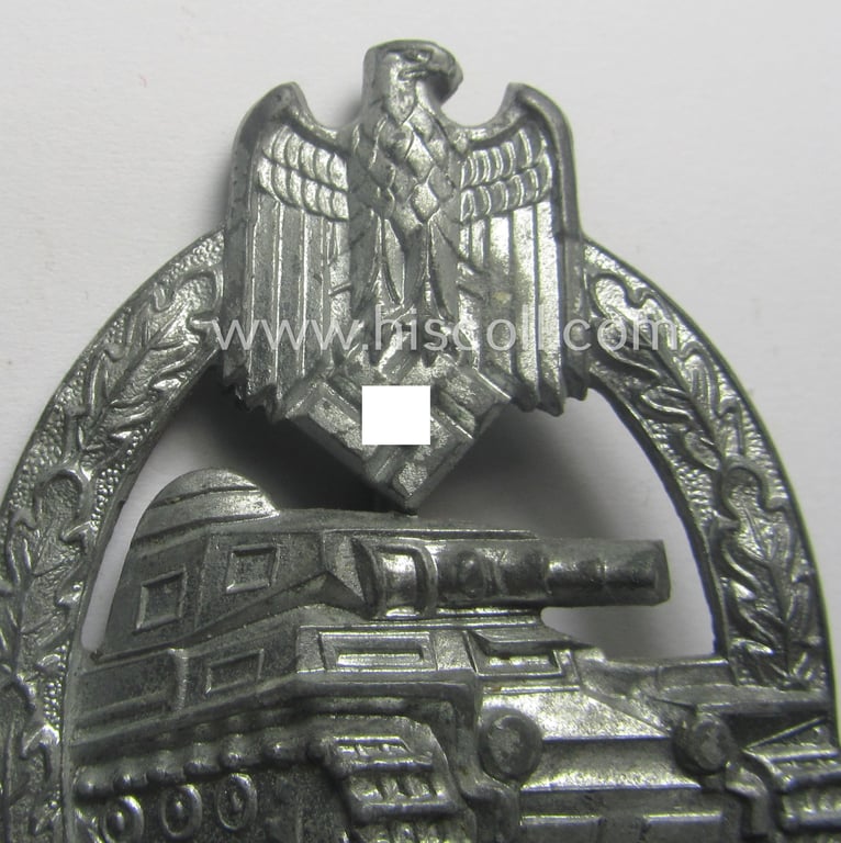 'Panzerkampfabzeichen in Silber' being a neatly maker- (ie. 'HA'-) marked- and/or typical zinc- (ie. 'Feinzink'-) based specimen as was produced by the desirable 'Hersteller' (ie. maker): 'Hermann Aurich'