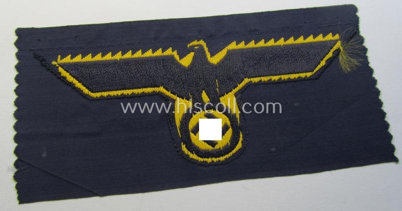 WH (Kriegsmarine) breast-eagle (ie. 'Brustadler für Mannschaften u. Uffz. der Kriegsmarine-Truppen') being a 'standard-pattern-example as executed in the 'BeVo'-weave-pattern on a darker-blue-coloured background