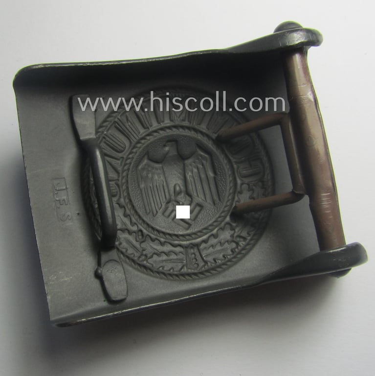 WH (Heeres) bluish-grey-coloured- and/or steel-based belt-buckle being a maker- (ie. 'JFS' or: 'Josef Feix & Söhne'-) marked example that comes in a virtually 'mint- ie. unissued-', condition
