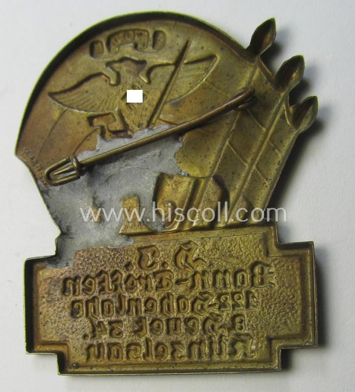 Superb - and scarcely encountered! - HJ- (Hitlerjugend-) related day-badge (ie. 'tinnie' or: 'Veranstaltungsabzeichen') as was issued to commemorate a HJ-related gathering named: 'H.J. Bann-Treffen - 122. Hohenlohe - 8. Heuel 34 - Künzelsau'