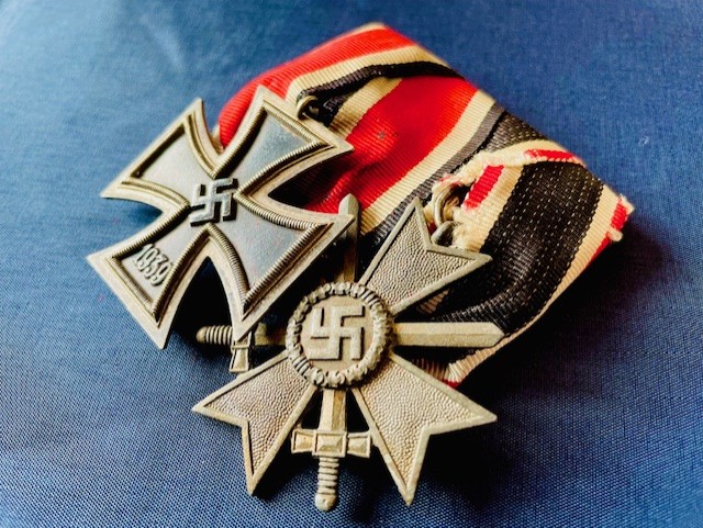 WW2 GERMAN THIRD REICH MEDAL SET IRON CROSS 2nd CLASS AND WAR MERIT CROSS WITH SWORDS WITH NUMBERED RINGS