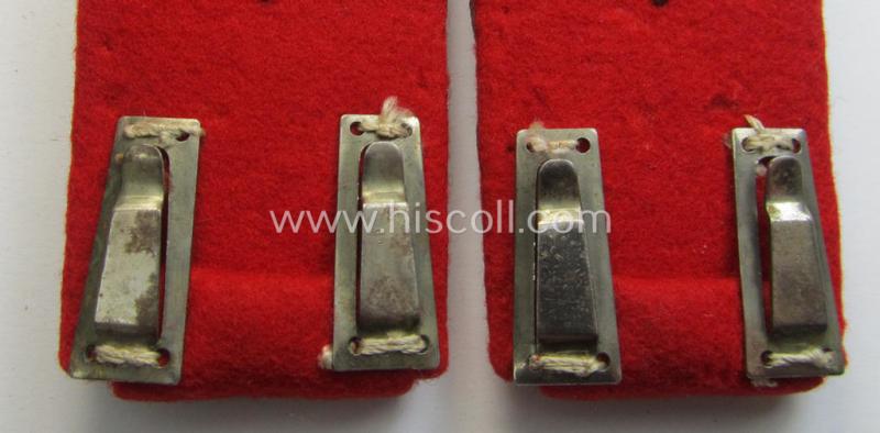 Neat - and/or fully matching! - WH (Heeres) officers'-type shoulderboard-pair as piped in the bright-red branchcolour as was specifically intended for usage by an: 'Oberstleutnant der Artillerie-Truppen' (showing an unusual attachment-set-up!)