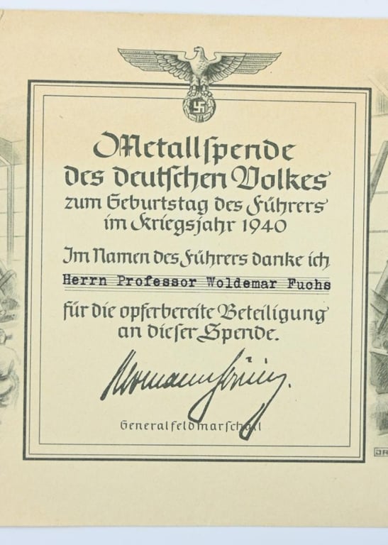 German Third Reich Metall Collection Certificate