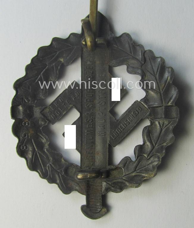 Darker-toned, 'SA-Sportabzeichen in Bronze' being a maker- (ie. 'Berg u. Nolte'-) marked example that shows the (unique) impressed bearers'-number: '721853'