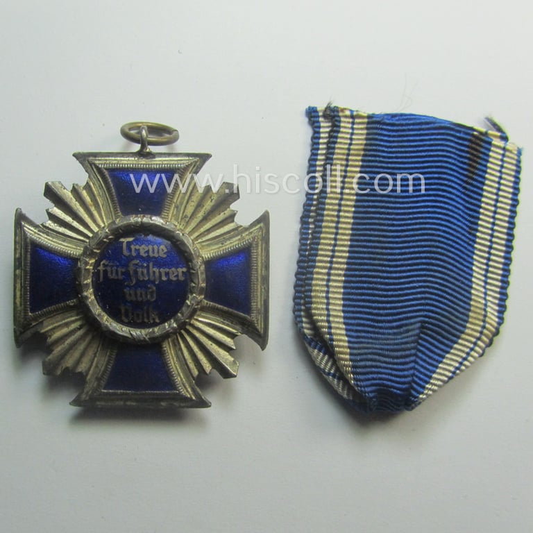 'N.S.D.A.P. Dienstauszeichnung in Silber' (ie. '2. Stufe für 15 Jahre t. D.') being a (typical) non-maker-marked- (and 'regular-weight') example that comes together with its period - albeit shortened - ribbon as issued- and/or worn