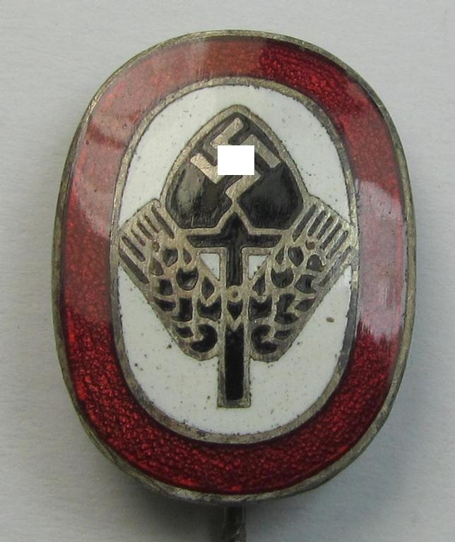 Neat, multi-coloured-enamelled lapel-pin (aka: 'RAD-Erinnerungsnadel') being a neatly maker- (ie. 'P.& L.'-) marked example that shows a: 'Ges.Gesch.'-marking as was intended for the: 'Reichsarbeitsdienst der Männer (RAD/M)'