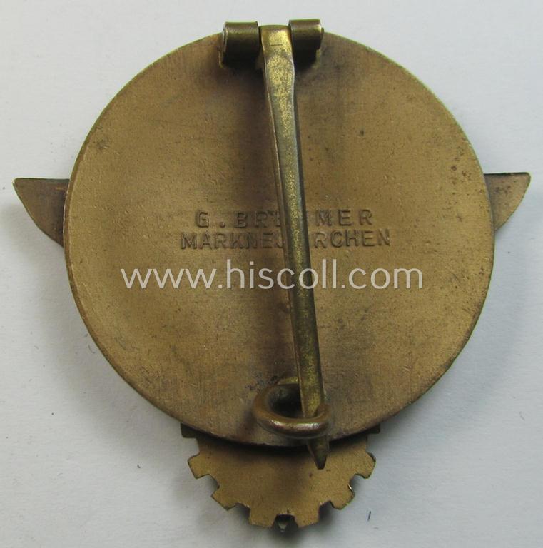 Superb, 'HJ'- ('Hitlerjugend') ie. 'BDM'- ('Bund Deutscher Mädel') related: 'Reichsberufswettkampf-Siegerabzeichen' (of the 2nd model) entitled: 'Kreissieger 1938' and being a neatly maker- (ie.: 'G. Brehmer'-) marked example