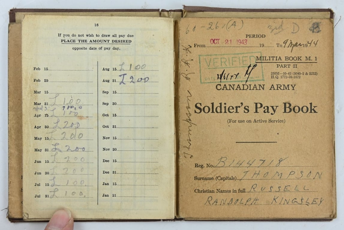 Canadian WW2 Service Book 'Russell Thompson' Canadian Queens Own Rifles