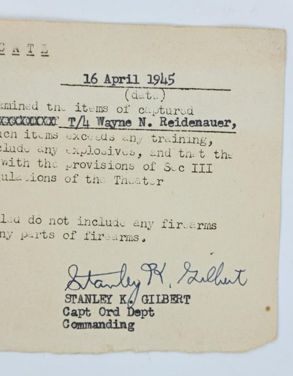 US WW2 Captured Military Items Certificate