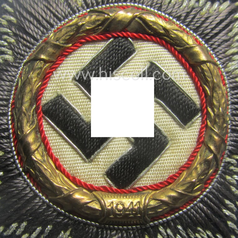 Stunning, black-toned, WH (Heeres o. Waffen-SS 'Panzer' ie. Kriegsmarine-related-) 'Deutsches Kreuz im Gold in Stoff' (ie. cloth-based DKiG or German Cross in gold)