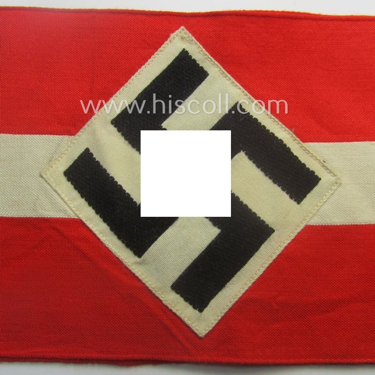 Attractive - and scarcely found! - 'standard-issued'- (ie. entirely woven) pattern, bright-red-coloured HJ- (ie. 'Hitlerjugend'-) related armband (ie. 'Armbinde') being a minimally used example that still shows its period-attached 'RzM'-etiket