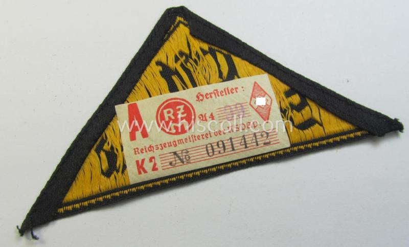 'HJ' ('Hitlerjugend') district-triangle (ie. 'Gebietsdreieck') entitled: 'Ost Sudetenland' (being a hardly used- nor worn example that still retains its period-attached 'RzM'-etiket)