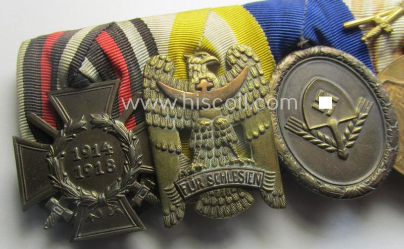 5-pieced, WWI-period- (ie. RAD-related!) medal-bar (ie.: 'Ordenspange') showing amongst others a: 'Schlesisches Bewährungsabzeichen der II. Kl.' (or: 'Schlesischer Adler 2. Stf.')