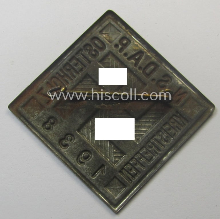 Silverish-toned, N.S.D.A.P.-related day-badge (ie. 'tinnie') being a non-maker-marked example as was issued to commemorate a specific gathering entitled: 'N.S.D.A.P.-Kreistreffen - Osterholz - 1938'
