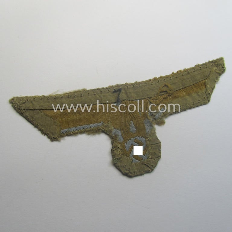 WH (Heeres) 'tropical-issue' (ie. DAK or: 'Deutsches Afrika Korps'-related-) breasteagle as executed in neat so-called: 'BeVo'-weave style that comes in a clearly used- (ie. trimmed- and/or pre-confectioned-), condition