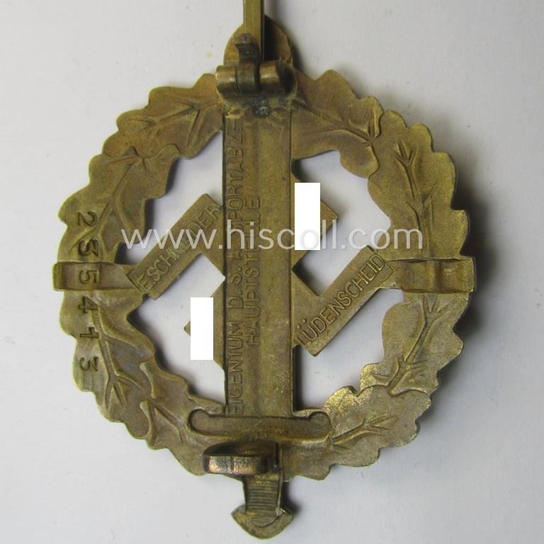 Early- (ie. pre-) war-period 'SA Sportabzeichen in Bronze' being a nicely maker- (ie. 'E. Schneider'-) marked example that bears a unique, stamped bearers'-number that reads: '235413' on its back