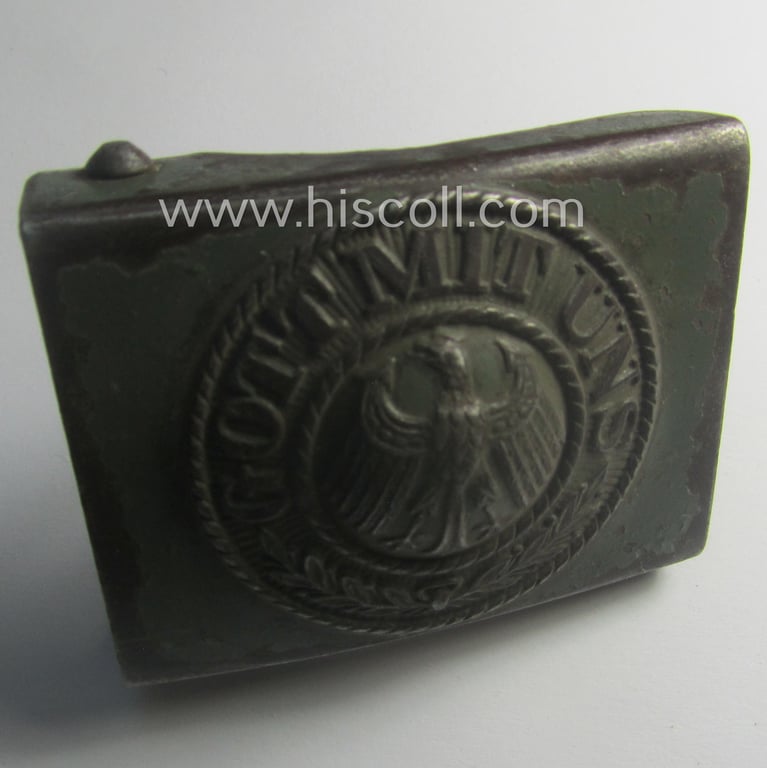 Early period- (ie. 'Deutsche Reichswehr'-related-) field-grey-coloured- (ie. typical steel-based) belt-buckle (ie. 'Koppelschloss') being a non-maker-marked example that comes in a clearly used- ie. worn, condition