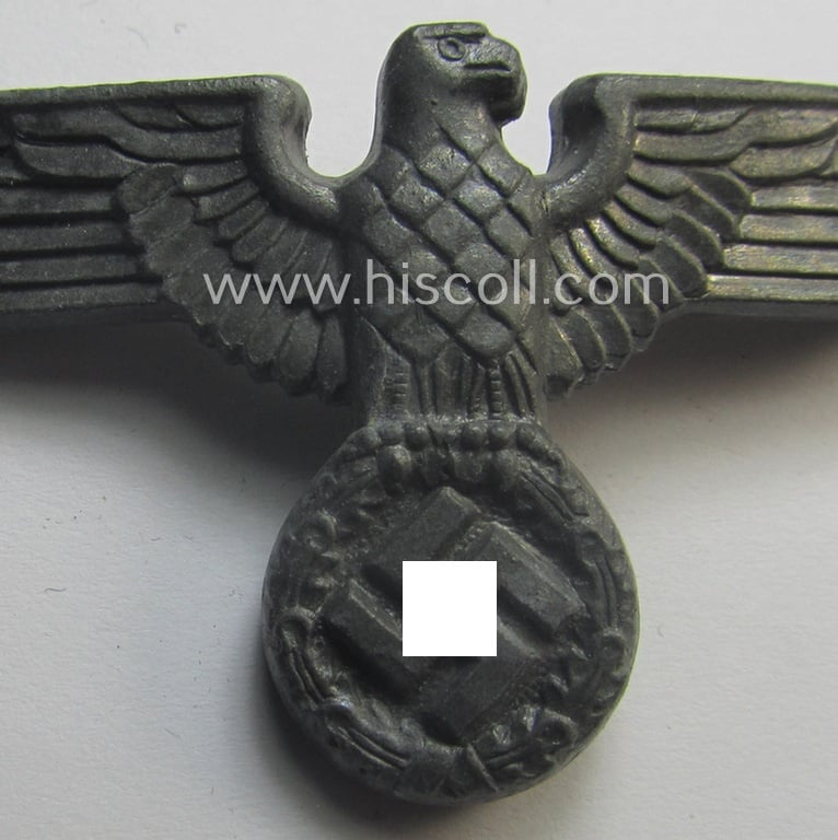Greyish-silver-coloured- and/or: zinc- (ie. 'Feinzink'-) based (political-style) visor- (ie. 'Schirmmützen'-) cap-eagle being a detailed example that is neatly: 'RzM' and/or: 'M1/166' marked