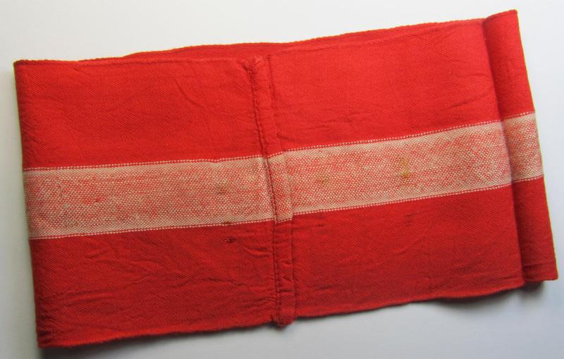 Attractive - and nowadays scarcely found! - 'standard'- (ie. entirely woven) pattern, bright-red-coloured HJ- (ie. 'Hitlerjugend'-) related armband (ie. 'Armbinde') being a moderately worn- ie. used example that regrettably misses its 'RzM'-e...