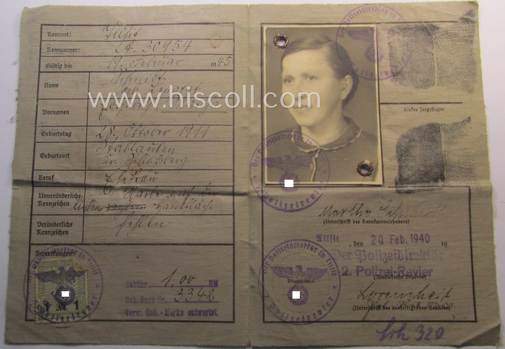 Superb - and extremely rarely encountered! - 'HJ' ('Hitlerjugend') ie. 'BDM' ('Bund Deutscher Mädel') district-triangle (ie. 'Gebietsdreieck') entitled: 'Ost Ostland' and that comes with its accompanying 'Kennkarte' from the recipient