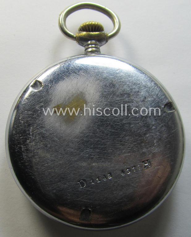 Attractive - and scarcely encountered! - 'Deutsche Wehrmacht'- (ie. typical WWII-period!) pocket-watch (ie. 'Dienstuhr') of the make: 'Longeau' having a black-coloured dial-plate and/or engraved back-plate that reads: 'D 1148 4372 H'