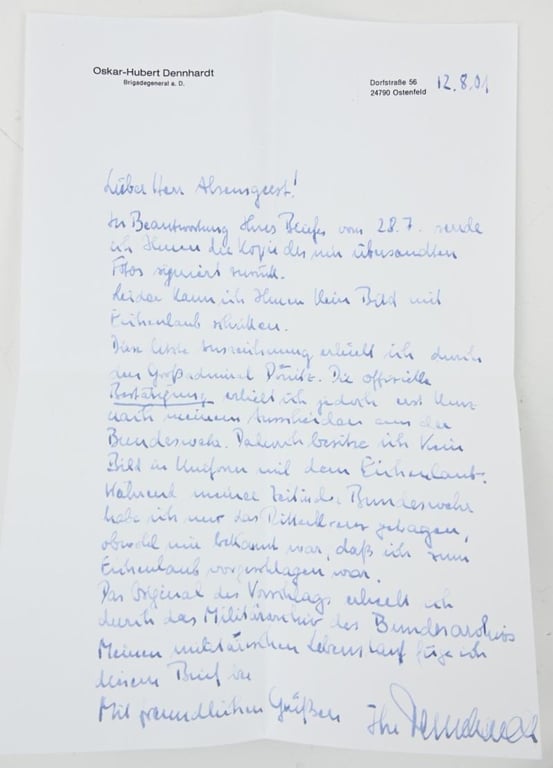 Signature of Wehrmacht Heer KC Recipient 'Oskar-Hubert Dennhardt'