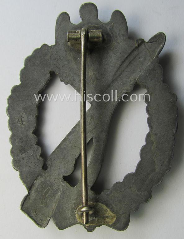 Attractive, 'Infanterie Sturmabzeichen in Silber' (or: silver infantry assault badge ie. IAB) being a nicely maker- (ie. 'A'-) marked example as executed in zinc-based metal (ie. 'Feinzink') as was produced by the: 'Assmann & Söhne'-company