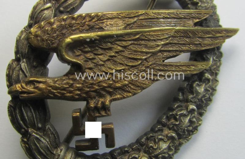 Stunning - and I deem fairly early-war-period! - WH (Luftwaffe) 'Fallschirmschützen-Abzeichen' (or: paratroopers-badge) being a maker- (ie. 'Imme & Sohn'-) marked- and/or: typical 'Tombak'- (ie. 'Buntmetall'-) based example