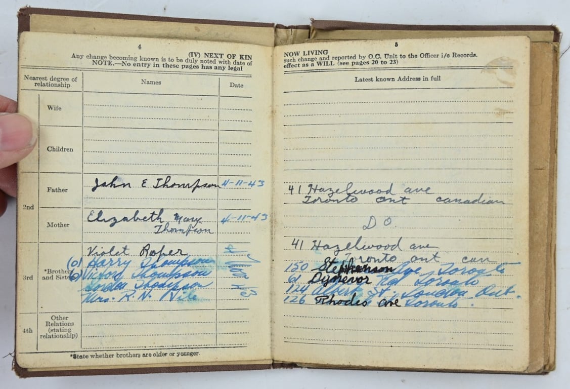 Canadian WW2 Service Book 'Russell Thompson' Canadian Queens Own Rifles