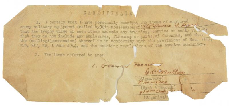 US WW2 War Trophies Certificates