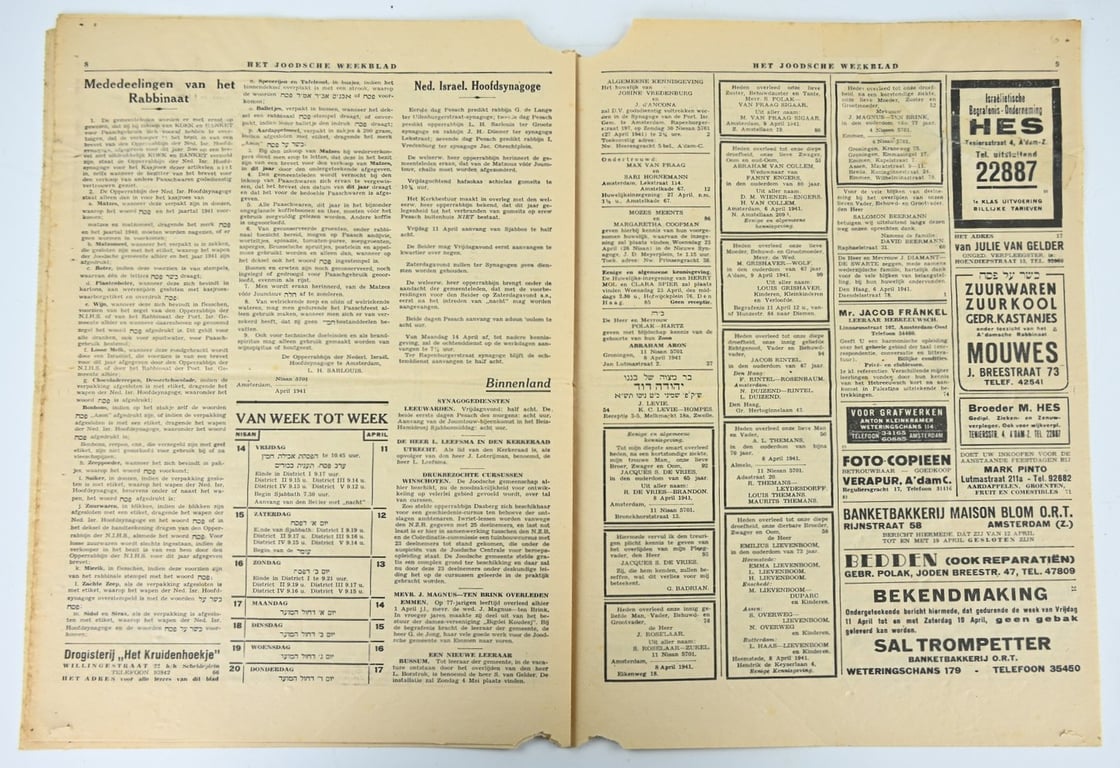 Dutch Jewish Newspaper 11 April 1941 Issue Nr. 1