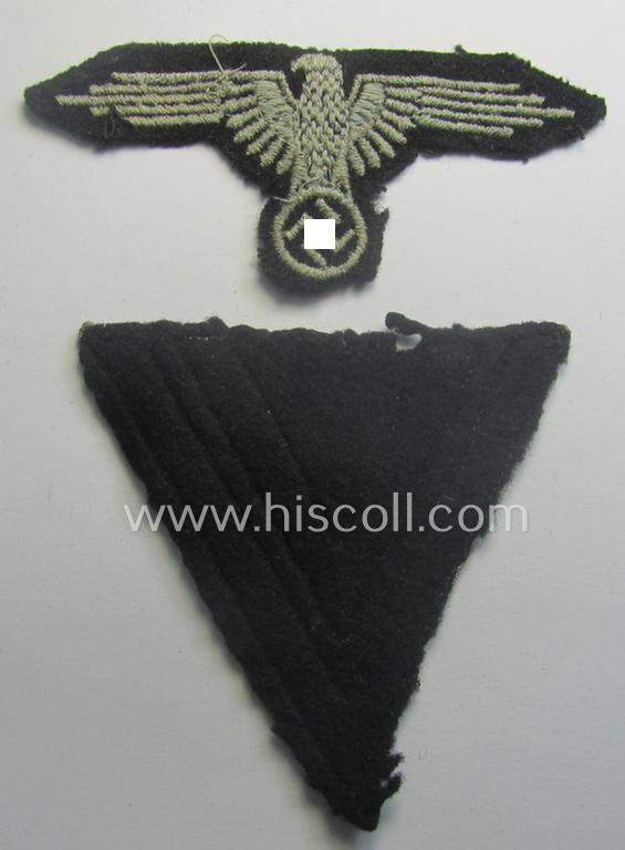 Clearly used- and/or tunic-removed, 2-pieced 'SS'- (ie. 'Waffen-SS'-) insignia-set comprising of a so-called: 'RzM'-type EM- (ie. NCO-) pattern arm-eagle and/or rank-chevron as was intended for usage by an: 'SS-Rottenführer'