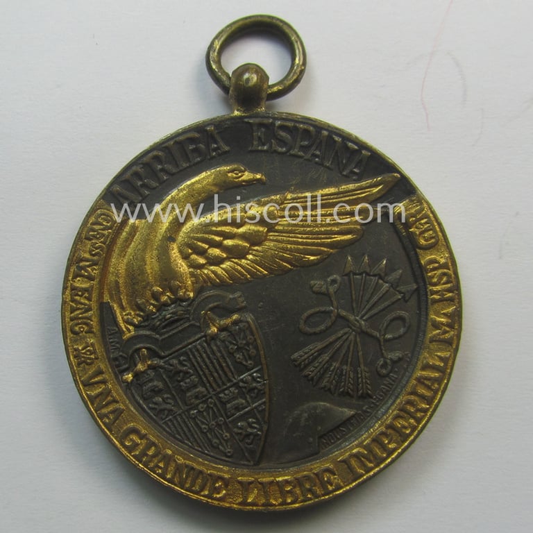 Spanish-issued, Spanish Civil-War commemorative-medal called: 'Medalla de la Campaña 1936-1939' that came together with its period piece of ribbon (ie. 'Bandabschnitt') as issued and/or recently found