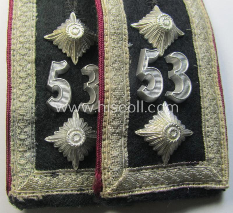 Attractive - and fully matching! - pair of WH (Heeres), early-war-period- (ie. 'M36 o. M40'-pattern) 'cyphered' NCO-type shoulderstraps as was intended for - and worn by! - an: 'Oberfeldwebel des (Nebel)Werfer-Rgts. 53'