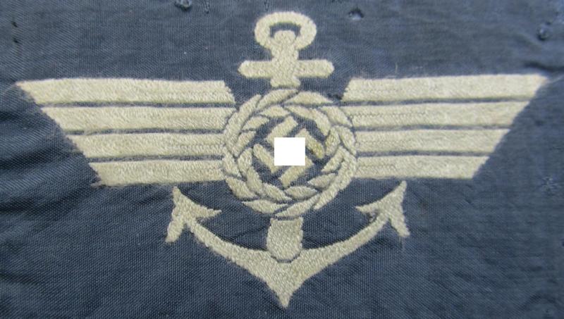 Superb - and exceedingly rarely found! - bluish-coloured and neatly BeVo-woven (I deem) breast-badge (ie. 'Hoheitsabzeichen') as was specifically intended for staff-members serving within the: 'Wasserstrassen-Luftschutzdienst'