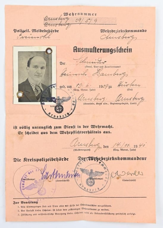 German WH Wehrpass and Document 'Heinrich Hamburgs'