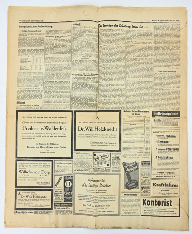 German Newspaper Volkischer Beobachter 6 February 1940