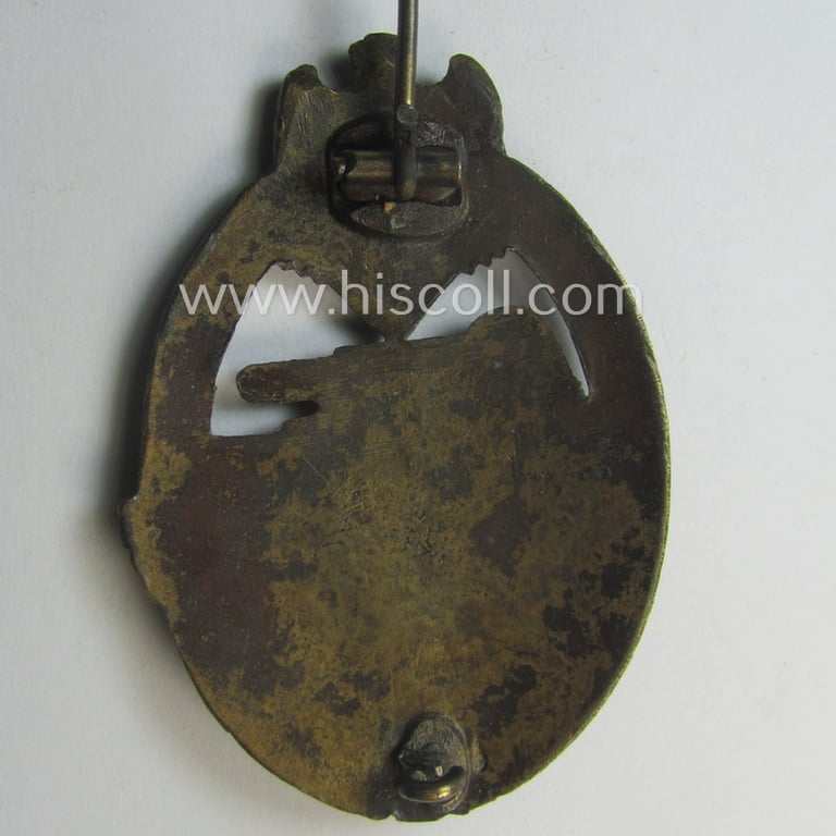 'Panzerkampfabzeichen in Bronze' (or: bronze-class panzer assault-badge or PAB) being a zinc- (ie. 'Feinzink'-) version (having a so-called: 'horizontal-crimp-set-up') as was procuced by the: 'Steinhauer u. Lück' (ie. 'S.& L.') company