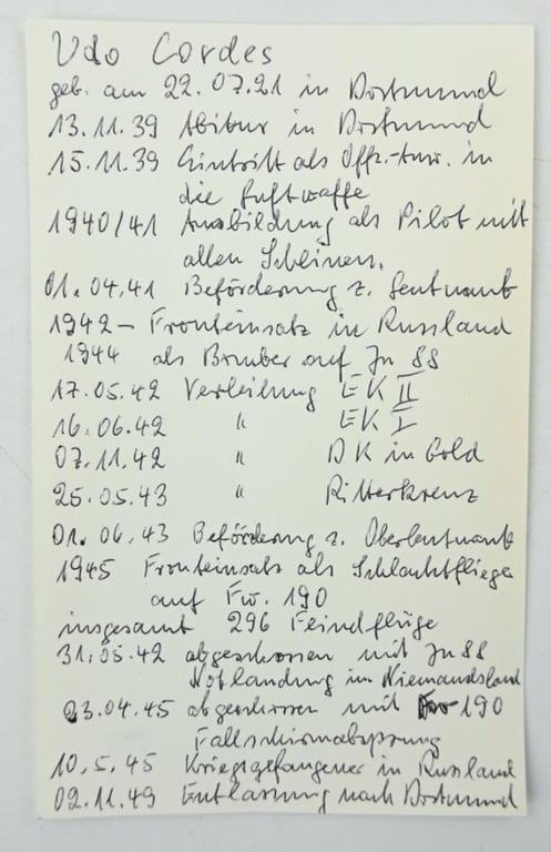 Signature of Luftwaffe KC Recipient 'Udo Cordes'