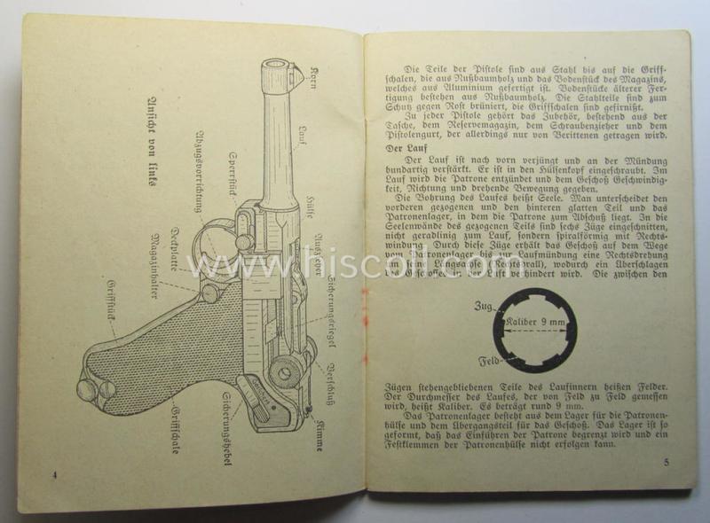 Attractive - and scarcely found! - smaller-sized, period WH-instruction-booklet entitled: 'Die Pistole 08 - Beschreibung und Handhabung' (or instruction- ie. training-manual for the P08 pistol) as was published by the: 'Heinz Denckler Verlag'