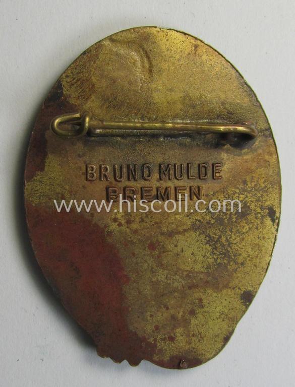 Superb, bright golden-bronze-toned- and/or aluminium- (ie. I deem 'Cupal'-) based SA-related day-badge (ie. 'tinnie' or: 'Veranstaltungsabzeichen') as was issued to commemorate the: 'Tag der SA-Gruppe Nordsee in Bremen 1936'