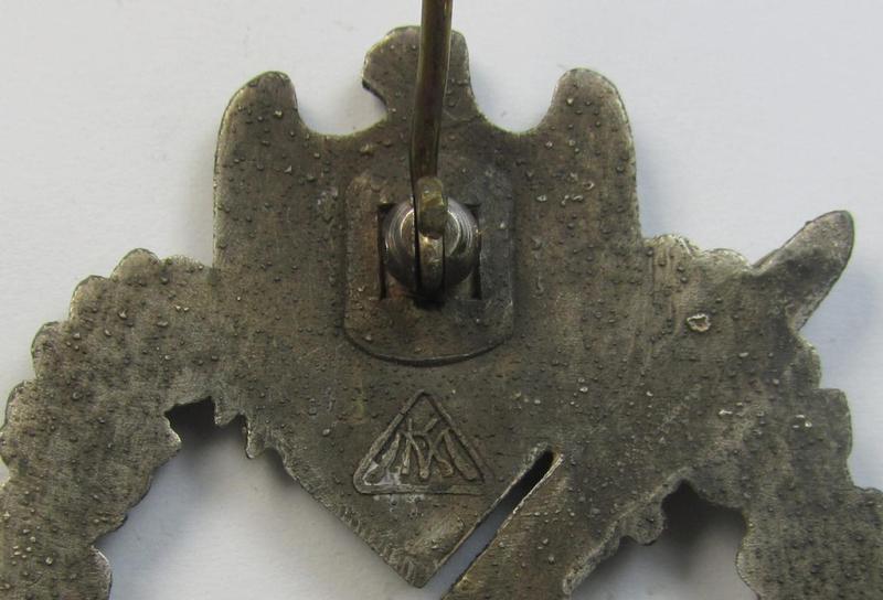 Moderately worn, 'Infanterie Sturmabzeichen in Silber' being a maker- (ie. 'MK' in a triangle-) marked (and/or minimally converse- ie. vaulted-) example by a to date still unidentified maker as was executed in silvered zinc-based metal ('Feinzin...