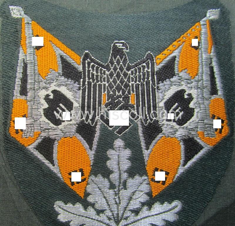 Superb - and scarcely encountered! - WH (Heeres), flat-wire- (ie. 'BeVo'-) woven 'Ärmelabzeichen für Fahnenträger des Heeres' as was intended for a soldier (ie. NCO) who served within a: 'Aufklärungs- o. Kavallerie'-unit
