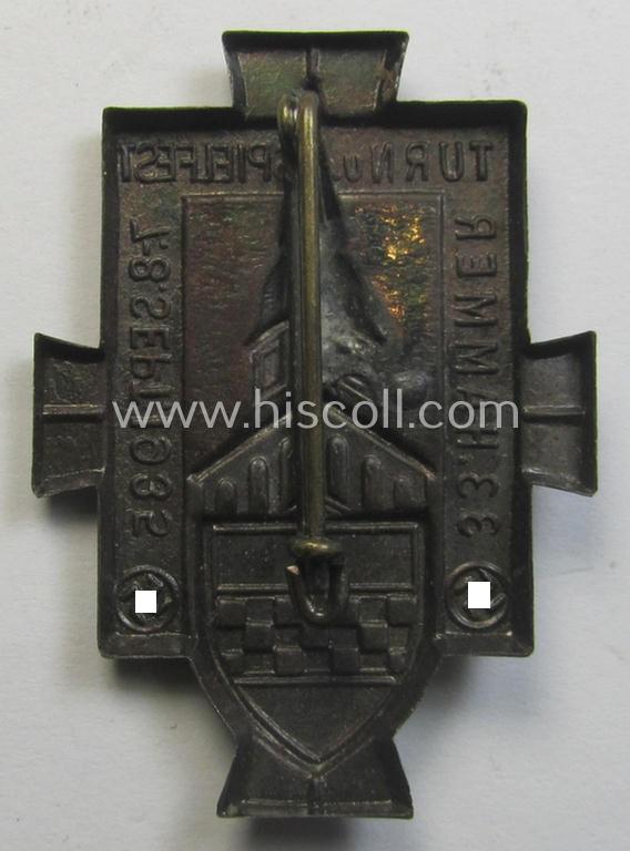 Unusual, 'Deutscher Turnerbund'-related 'tinnie' being a non-maker-marked example depicting a building (ie. church), double swastika and text that reads: '33. Hammer Turn- u. Spielfest - 7.-8. Sept. 1935'