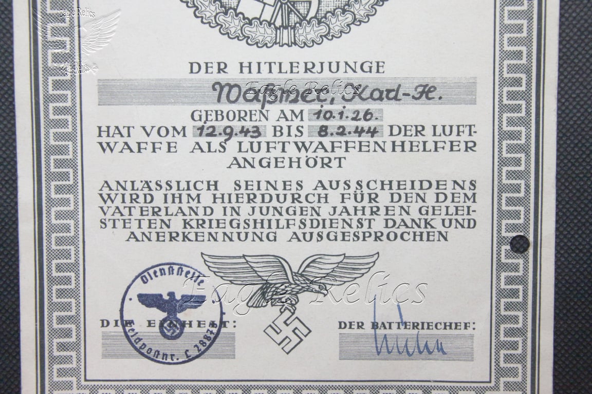 Hitler Youth Flak Helper   certificate – - Ex Phillip Baker Collection