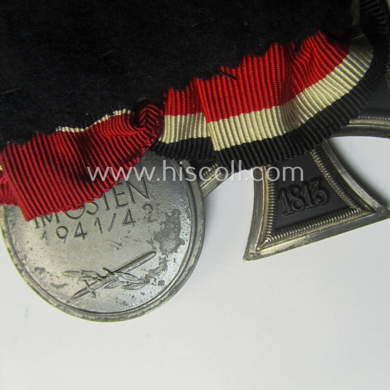 Minimally used example of a two-pieced WH (Heeres, LW o. KM etc.) medal-bar (ie. 'Orden- o. Doppelspange') showing resp. an: 'EKII. Kl.' and a medal: 'Winterschlacht im Osten 1941-42'
