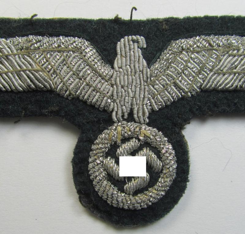 Attractive - and just moderately used! - WH (Heeres) officers'-type, hand-embroidered breast-eagle (ie. 'Brustadler für Offiziere') as was executed in bright-silverish-coloured braid as was intended for usage on the various officers'-pattern tuni...