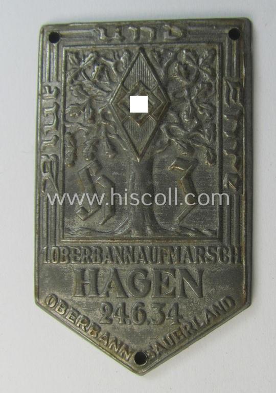 Neat - albeit incomplete but still scarcely encountered! - HJ- (ie.'Hitlerjugend') related 'tinnie' being a greyish-toned example showing a tree, 'HJ-Raute' and text: '1. Oberbannaufmarsch Hagen - 24.6.1934'